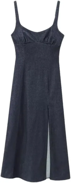 Women Sumer Sleeveless Backless Appear Slim Front Bottom Slit Long Denim Slip Dress
