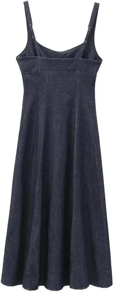 Women Sumer Sleeveless Backless Appear Slim Front Bottom Slit Long Denim Slip Dress