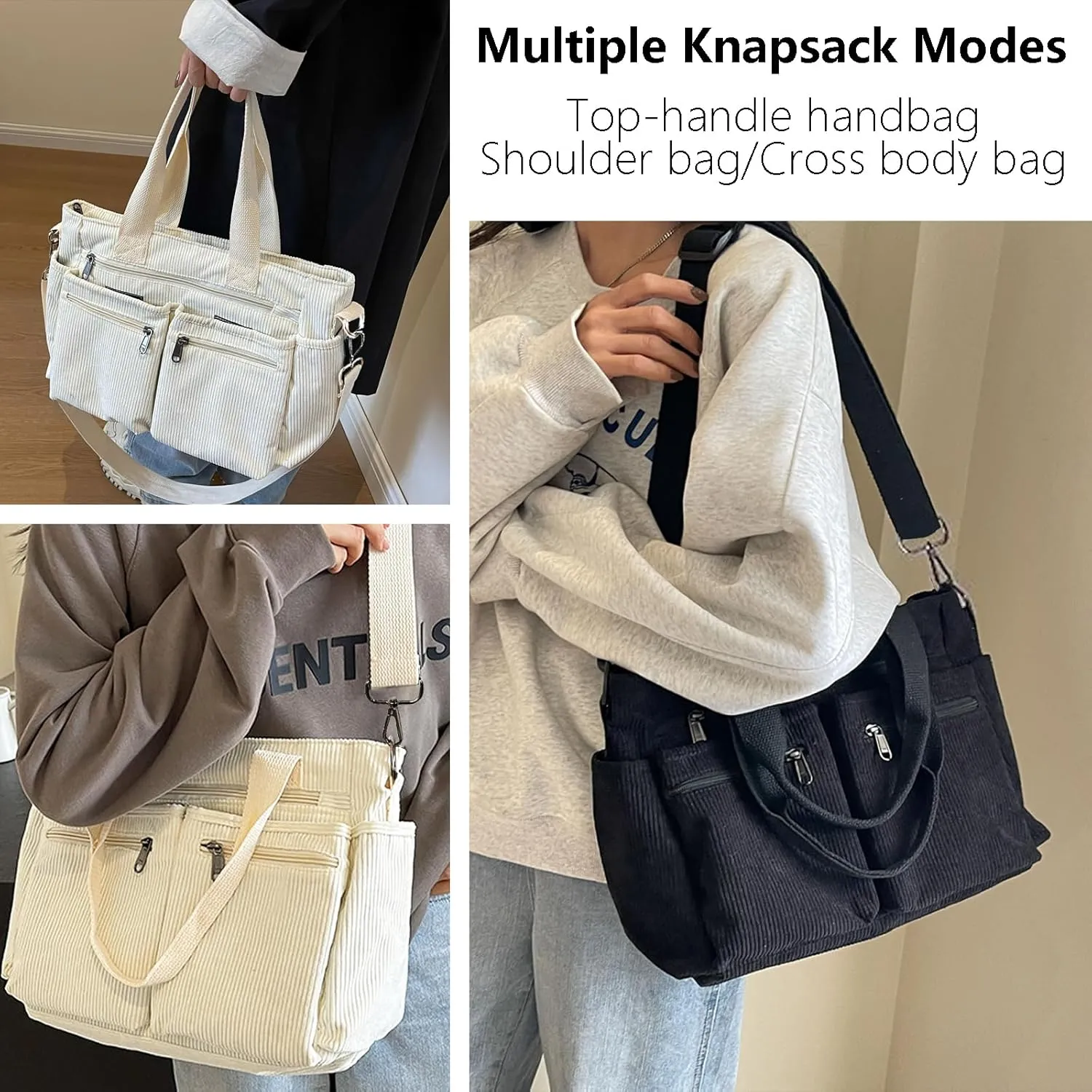 Womens Casual Corduroy Tote Bags with Multiple Pockets Hobo Crossbody Bag Travel Shoulder Bags Cute Purse Handbag