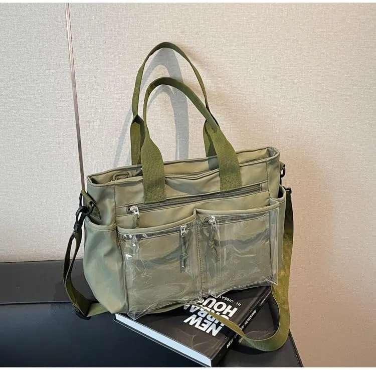 Women's Casual Tote Bag With Clear Pocket,Solid Color Simple Crossbody Bag,Oxford Cloth Shoulder Bag Hobo Purse