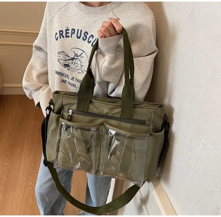 Women's Casual Tote Bag With Clear Pocket,Solid Color Simple Crossbody Bag,Oxford Cloth Shoulder Bag Hobo Purse