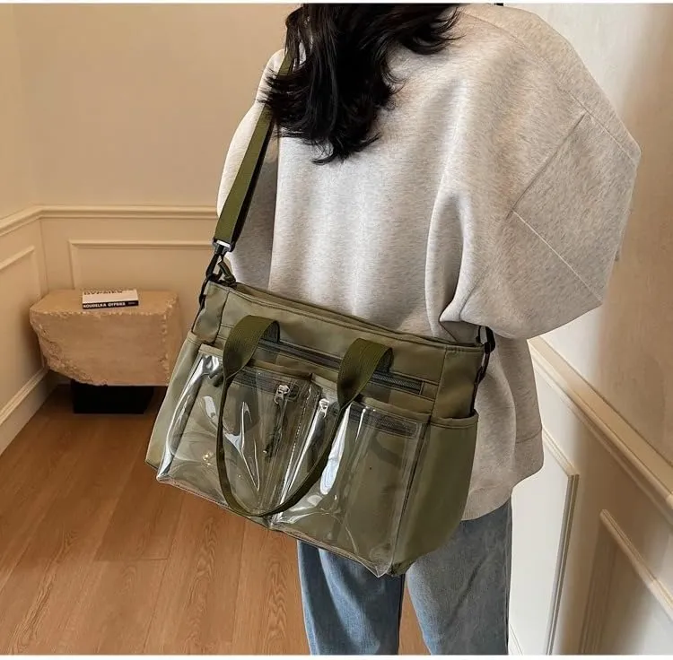 Women's Casual Tote Bag With Clear Pocket,Solid Color Simple Crossbody Bag,Oxford Cloth Shoulder Bag Hobo Purse