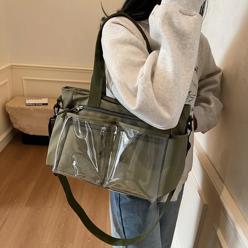 Women's Casual Tote Bag With Clear Pocket,Solid Color Simple Crossbody Bag,Oxford Cloth Shoulder Bag Hobo Purse