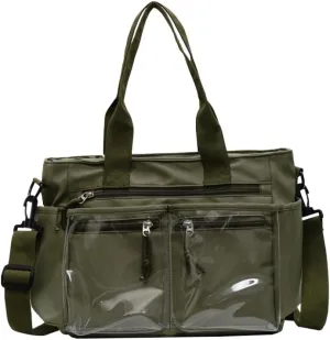 Women's Casual Tote Bag With Clear Pocket,Solid Color Simple Crossbody Bag,Oxford Cloth Shoulder Bag Hobo Purse