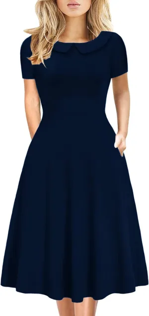 Women's Elegant Vintage Cotton Casual Floral Print Work Party Peter Pan Collar A-Line Dress with Pockets 978