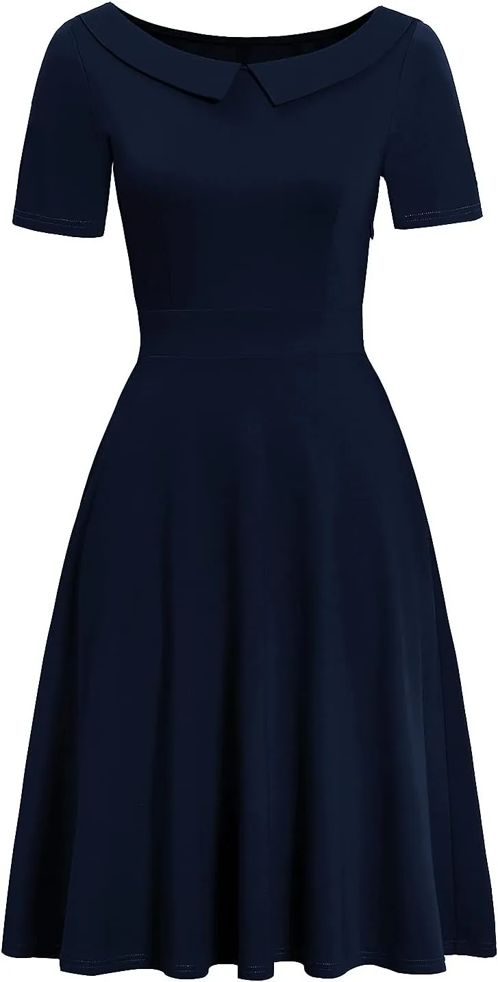 Women's Elegant Vintage Cotton Casual Floral Print Work Party Peter Pan Collar A-Line Dress with Pockets 978