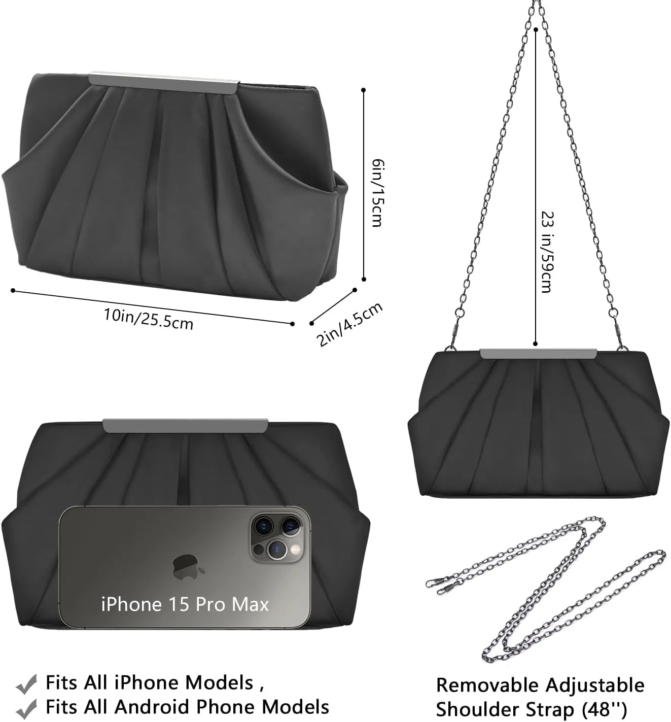 Womens Pleated Satin Evening Handbag Clutch Navy Clutch Purse With Detachable Chain Strap Wedding Cocktail Party Bag