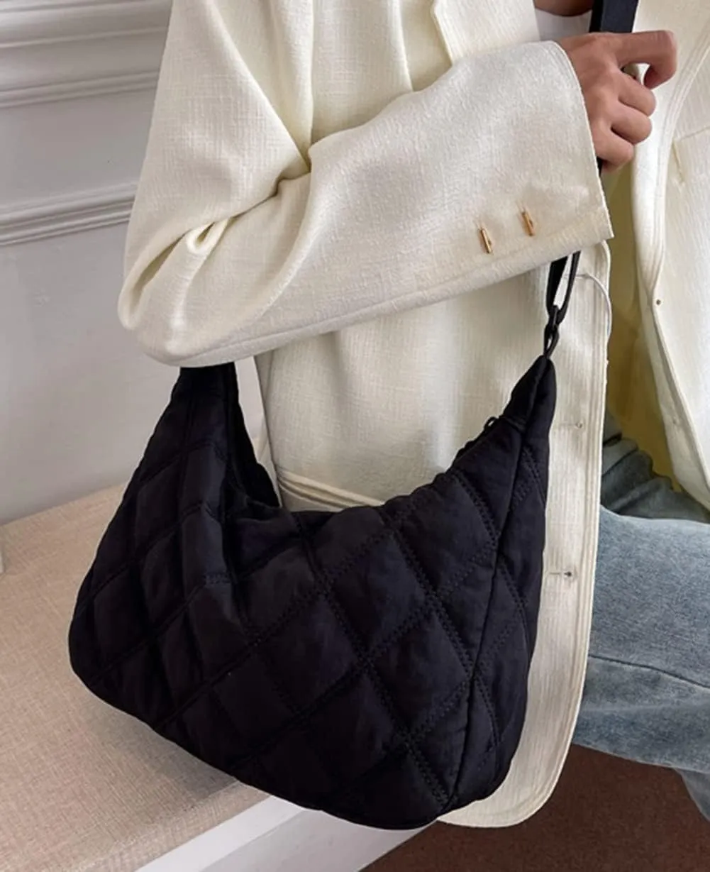 Women's Puffer Totes Fashion Quilted Shoulder Crossbody Bag Solid Color Rhombus Down Padded Handbag Dumpling Purse