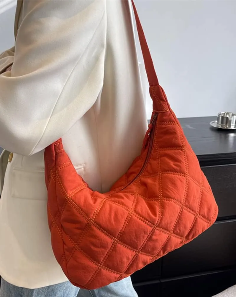 Women's Puffer Totes Fashion Quilted Shoulder Crossbody Bag Solid Color Rhombus Down Padded Handbag Dumpling Purse