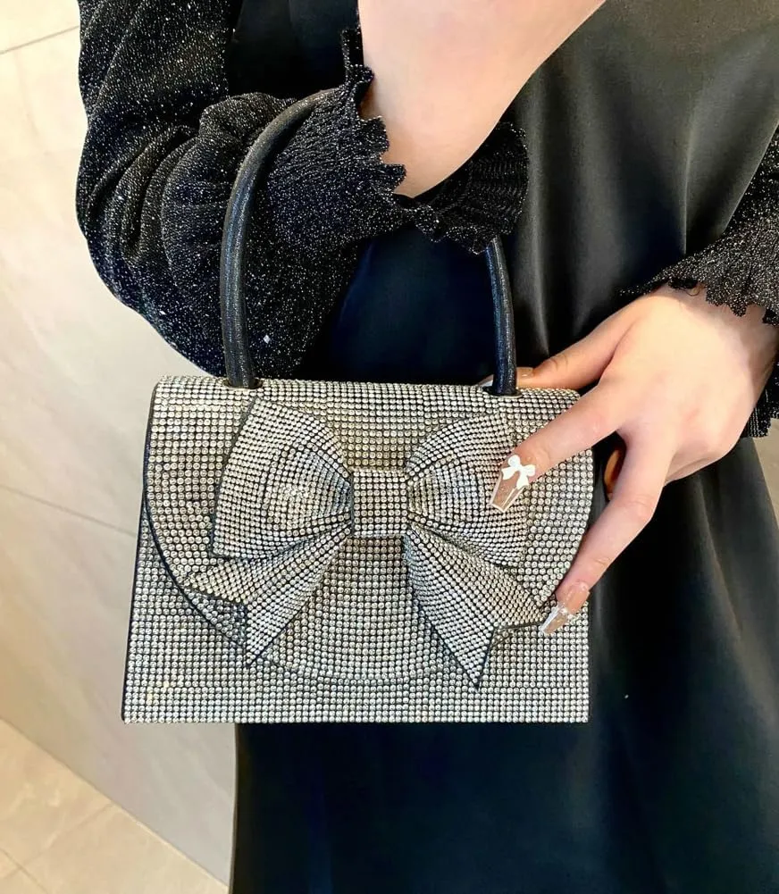 Womens Rhinestone Bow Clutch Purse Sparkling Evening Bag Crystal Clasp Tote Handbags for Formal Prom Party Wedding