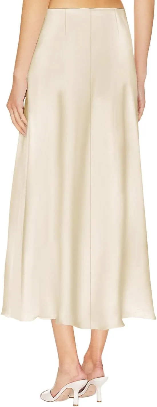 Women's Satin Silk Skirts A Line Flowy Ruffle Floral Lace Splicing Cocktail Party Maxi Long Skirt