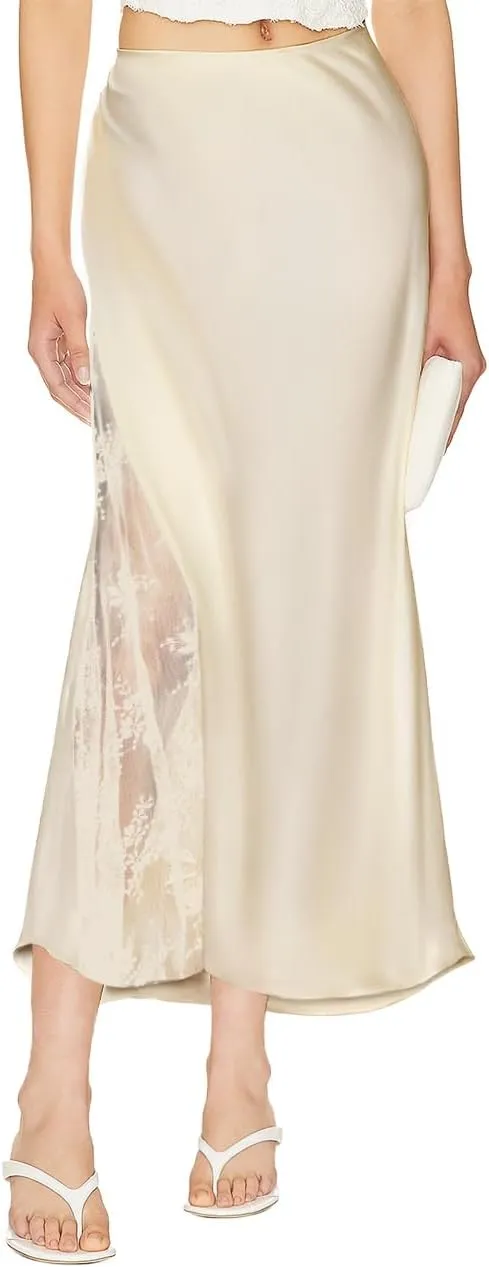 Women's Satin Silk Skirts A Line Flowy Ruffle Floral Lace Splicing Cocktail Party Maxi Long Skirt