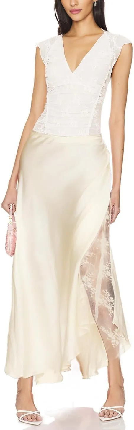 Women's Satin Silk Skirts A Line Flowy Ruffle Floral Lace Splicing Cocktail Party Maxi Long Skirt