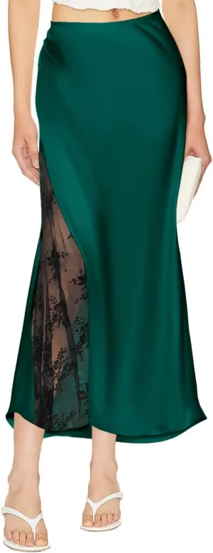 Women's Satin Silk Skirts A Line Flowy Ruffle Floral Lace Splicing Cocktail Party Maxi Long Skirt