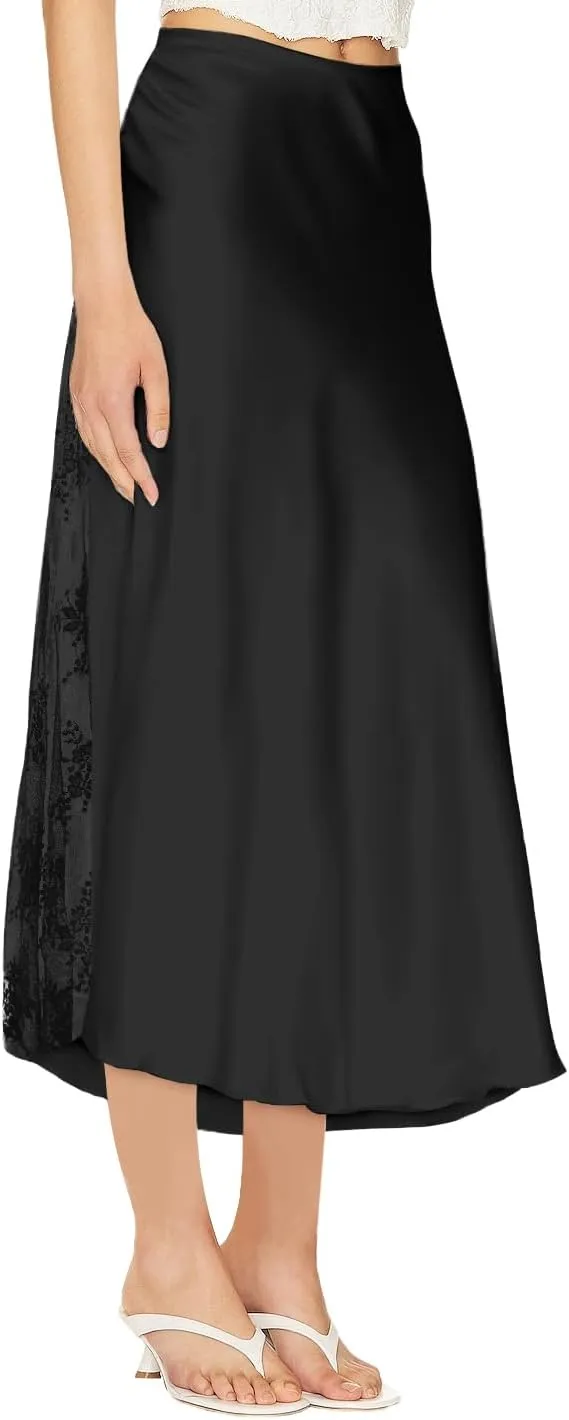 Women's Satin Silk Skirts A Line Flowy Ruffle Floral Lace Splicing Cocktail Party Maxi Long Skirt