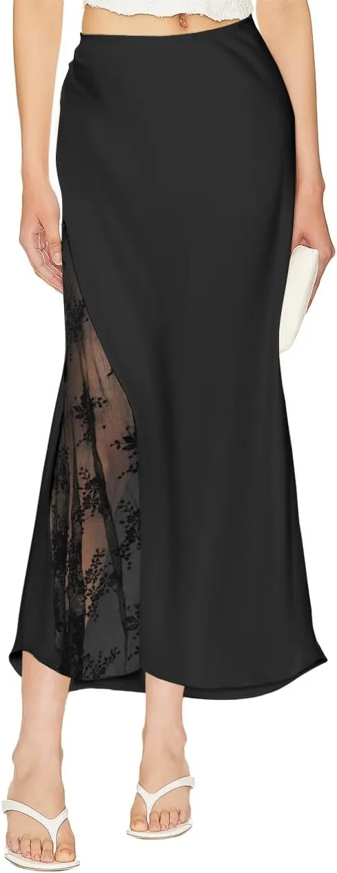 Women's Satin Silk Skirts A Line Flowy Ruffle Floral Lace Splicing Cocktail Party Maxi Long Skirt