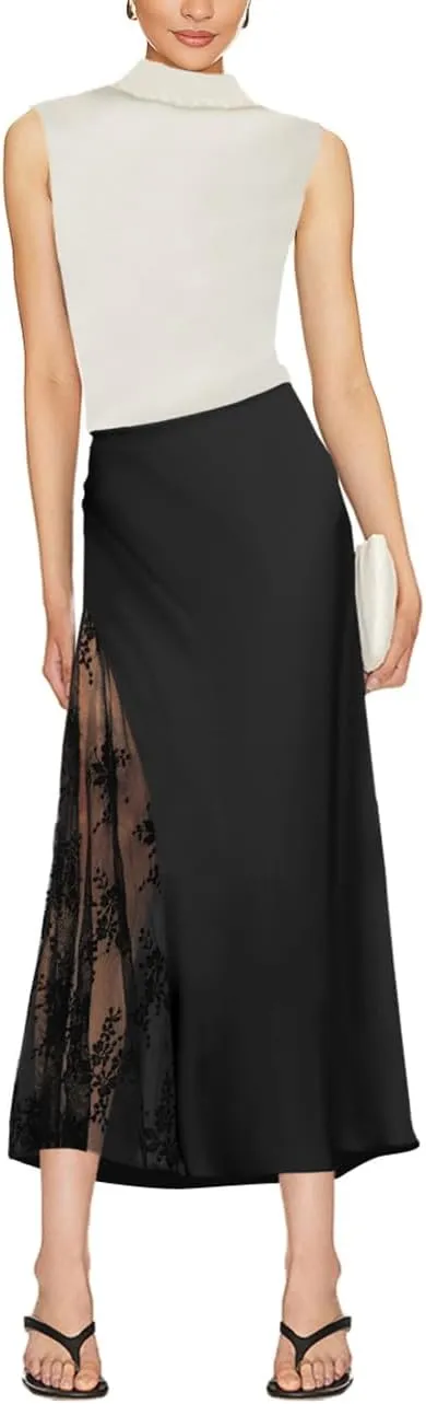 Women's Satin Silk Skirts A Line Flowy Ruffle Floral Lace Splicing Cocktail Party Maxi Long Skirt