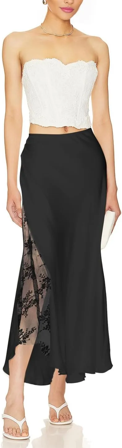 Women's Satin Silk Skirts A Line Flowy Ruffle Floral Lace Splicing Cocktail Party Maxi Long Skirt