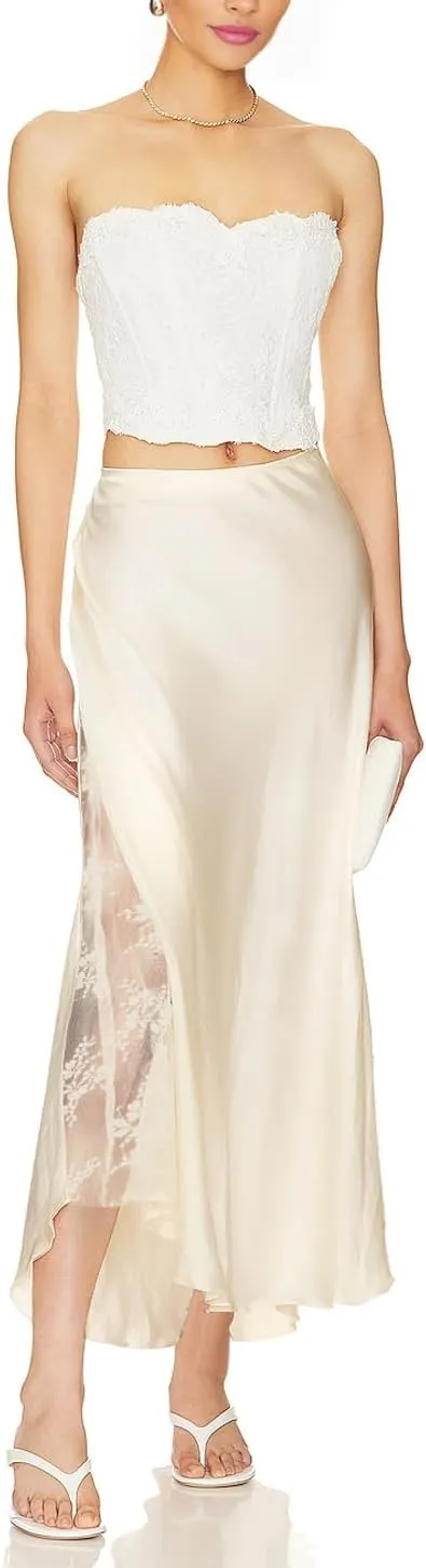 Women's Satin Silk Skirts A Line Flowy Ruffle Floral Lace Splicing Cocktail Party Maxi Long Skirt