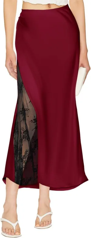 Women's Satin Silk Skirts A Line Flowy Ruffle Floral Lace Splicing Cocktail Party Maxi Long Skirt