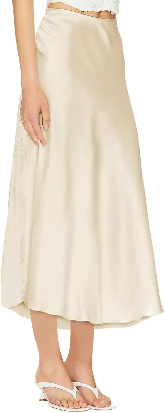 Women's Satin Silk Skirts A Line Flowy Ruffle Floral Lace Splicing Cocktail Party Maxi Long Skirt