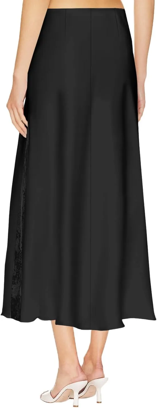Women's Satin Silk Skirts A Line Flowy Ruffle Floral Lace Splicing Cocktail Party Maxi Long Skirt
