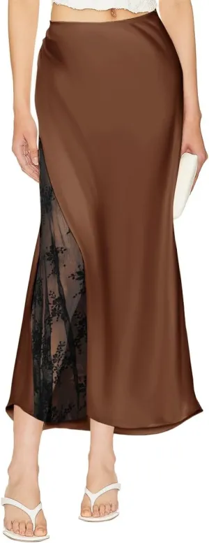 Women's Satin Silk Skirts A Line Flowy Ruffle Floral Lace Splicing Cocktail Party Maxi Long Skirt