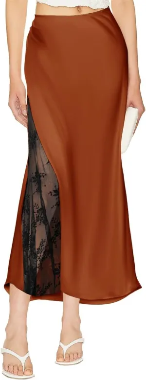 Women's Satin Silk Skirts A Line Flowy Ruffle Floral Lace Splicing Cocktail Party Maxi Long Skirt
