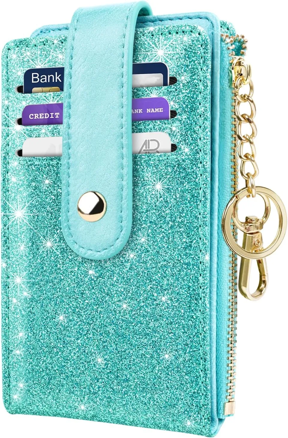 Womens Slim RFID Blocking Glitter Leather Wallet Cute Small Multi Card Organizer Bifold Wallet with Keychain Zipper Pocket,Tiffany