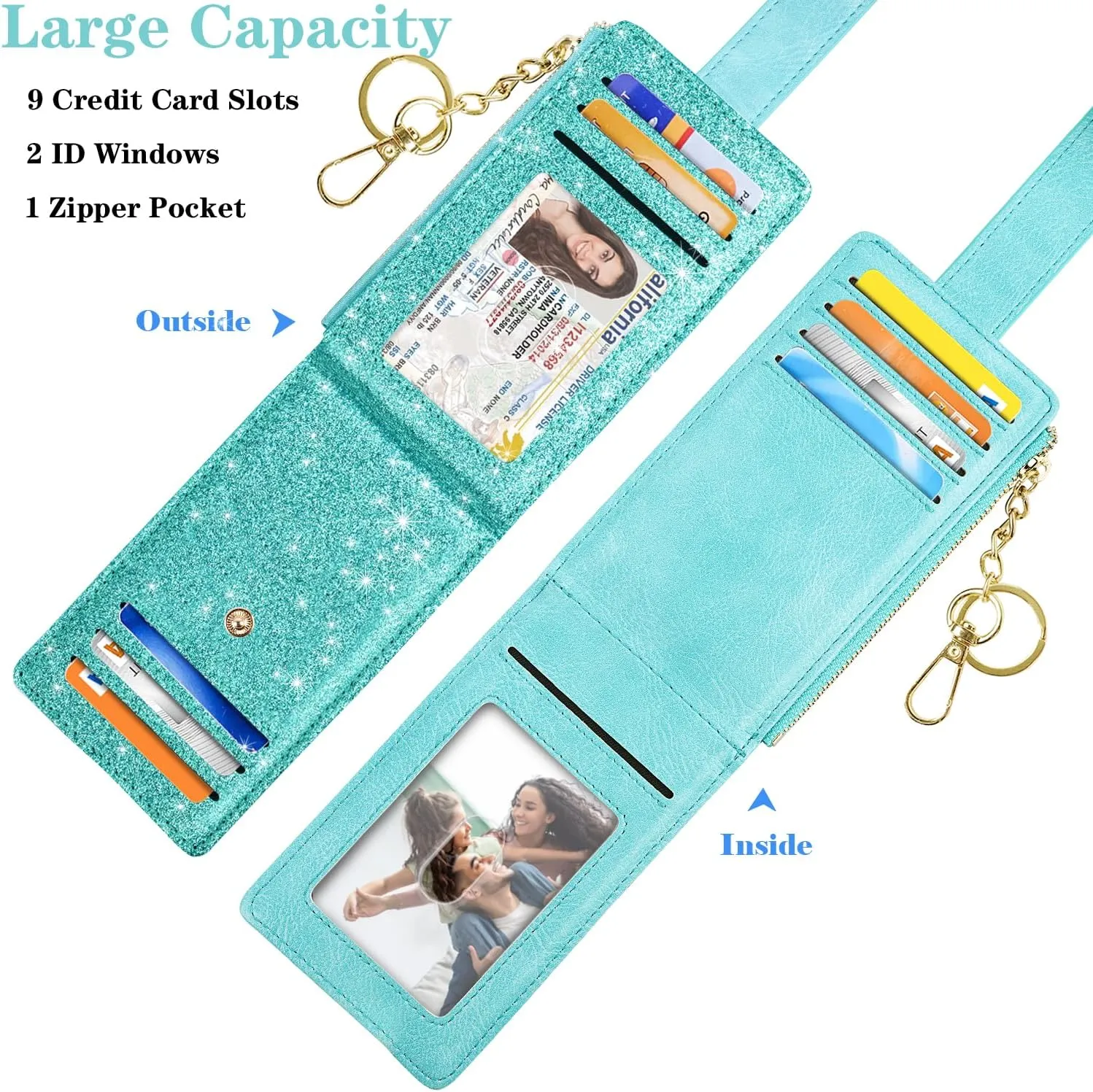 Womens Slim RFID Blocking Glitter Leather Wallet Cute Small Multi Card Organizer Bifold Wallet with Keychain Zipper Pocket,Tiffany