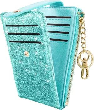 Womens Slim RFID Blocking Glitter Leather Wallet Cute Small Multi Card Organizer Bifold Wallet with Keychain Zipper Pocket,Tiffany