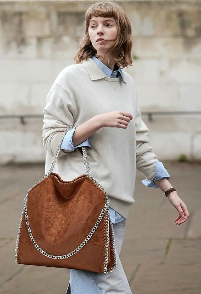 Womens Soft Vegan Leather Shoulder Bags Large Y2k Tote Purse Working Top Handle Handbags Foldable Satchels with Chian