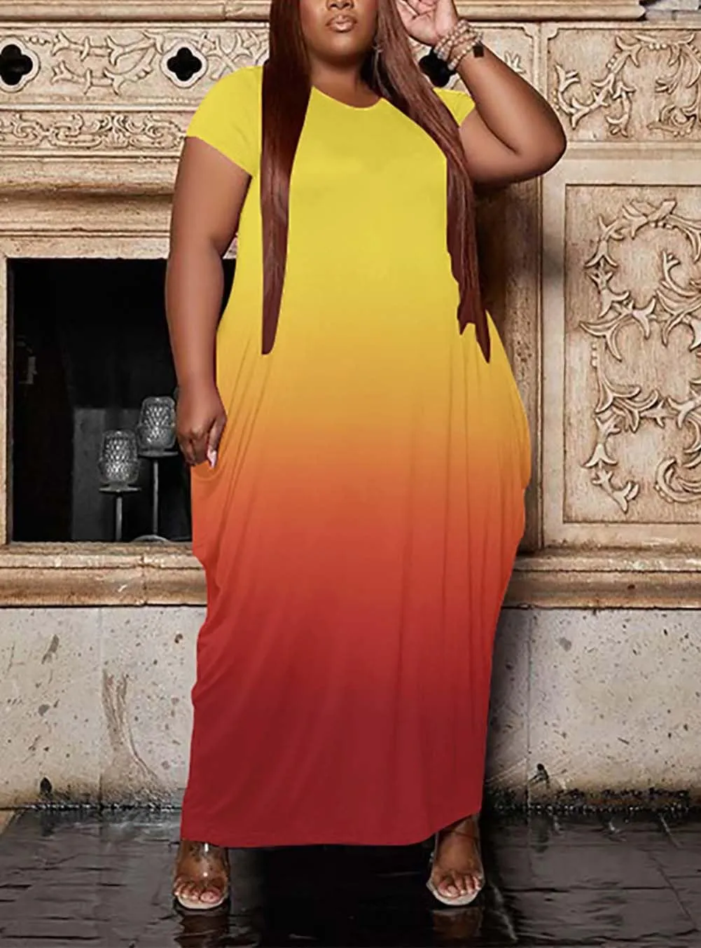 Women's Summer Plus Size Short Sleeved Long Dress Casual Loose Faith Beach Maxi Dress with Pockets