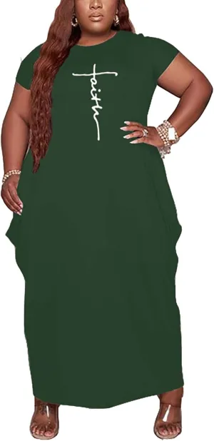 Women's Summer Plus Size Short Sleeved Long Dress Casual Loose Faith Beach Maxi Dress with Pockets