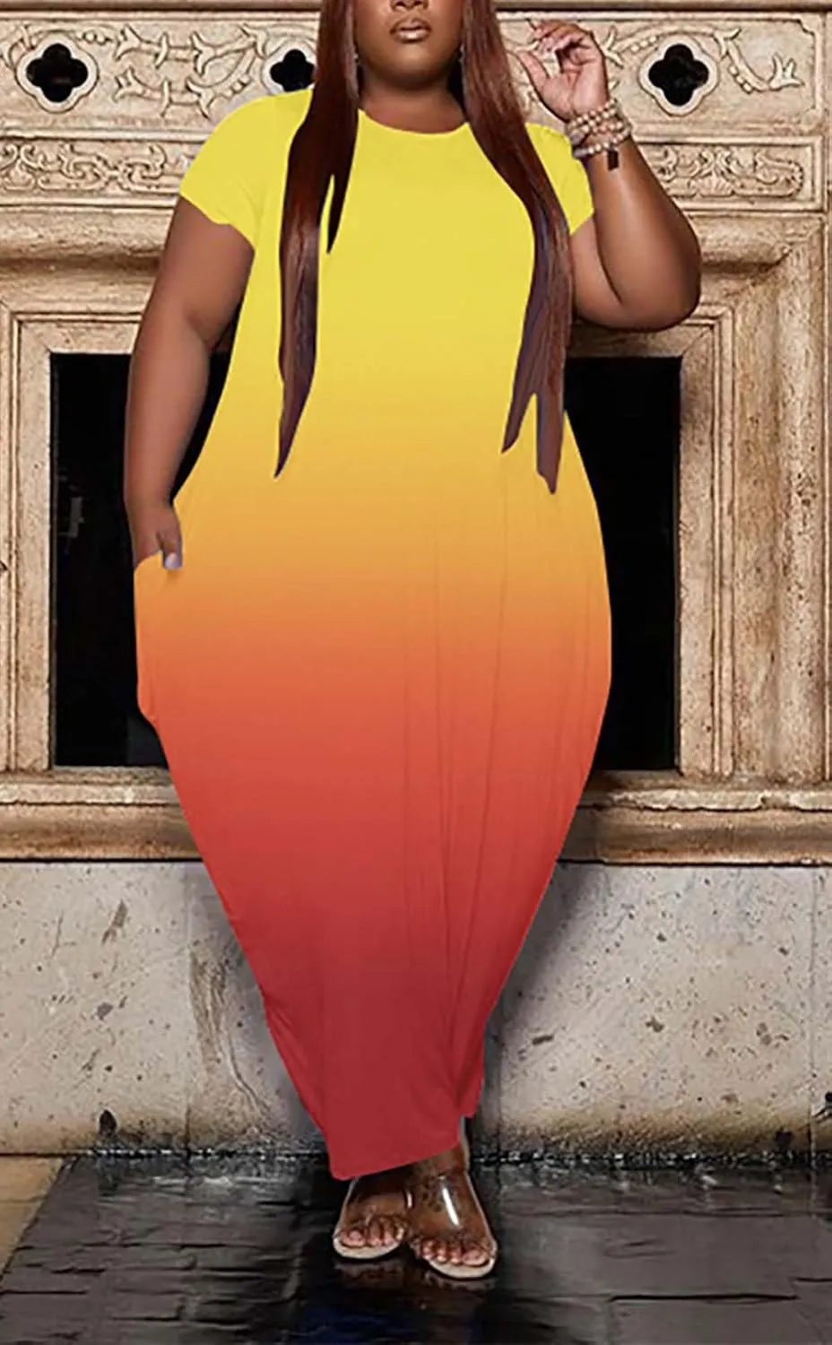 Women's Summer Plus Size Short Sleeved Long Dress Casual Loose Faith Beach Maxi Dress with Pockets