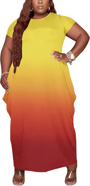 Women's Summer Plus Size Short Sleeved Long Dress Casual Loose Faith Beach Maxi Dress with Pockets