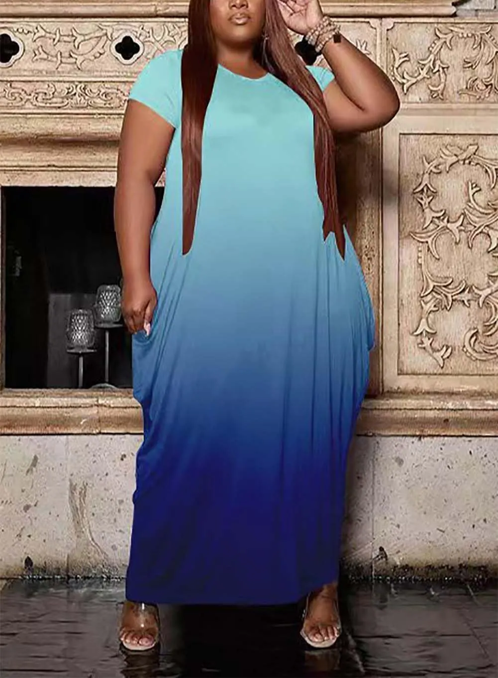 Women's Summer Plus Size Short Sleeved Long Dress Casual Loose Faith Beach Maxi Dress with Pockets