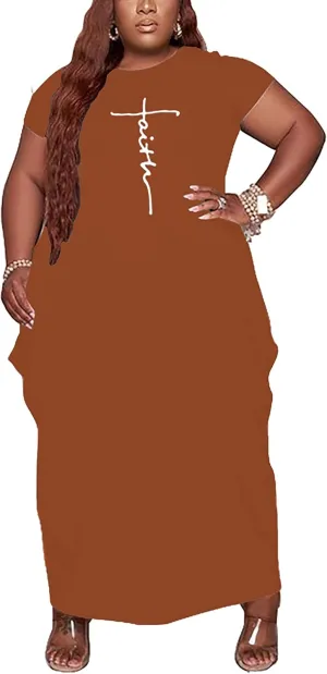 Women's Summer Plus Size Short Sleeved Long Dress Casual Loose Faith Beach Maxi Dress with Pockets
