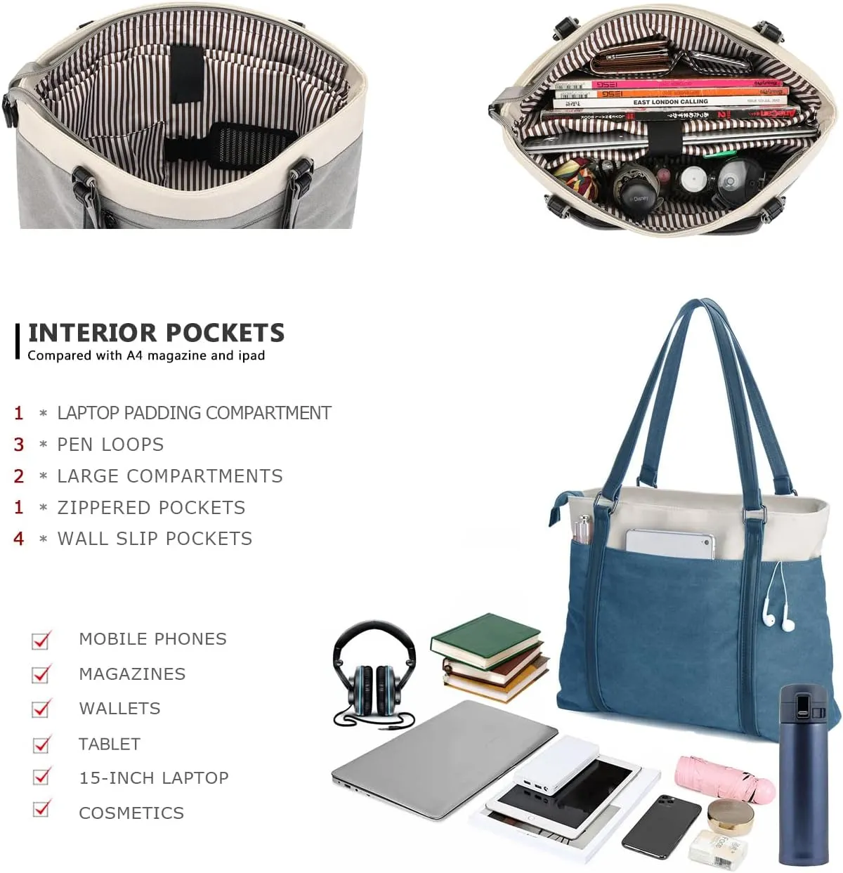Women's Work Bag with Laptop Compartment Zipper Pockets Teacher Totes Purse