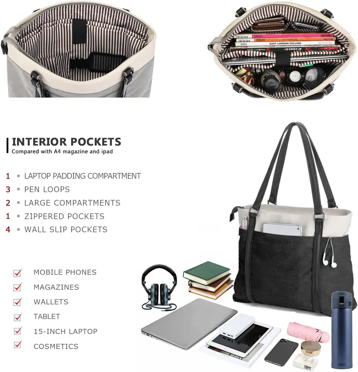 Women's Work Bag with Laptop Compartment Zipper Pockets Teacher Totes Purse