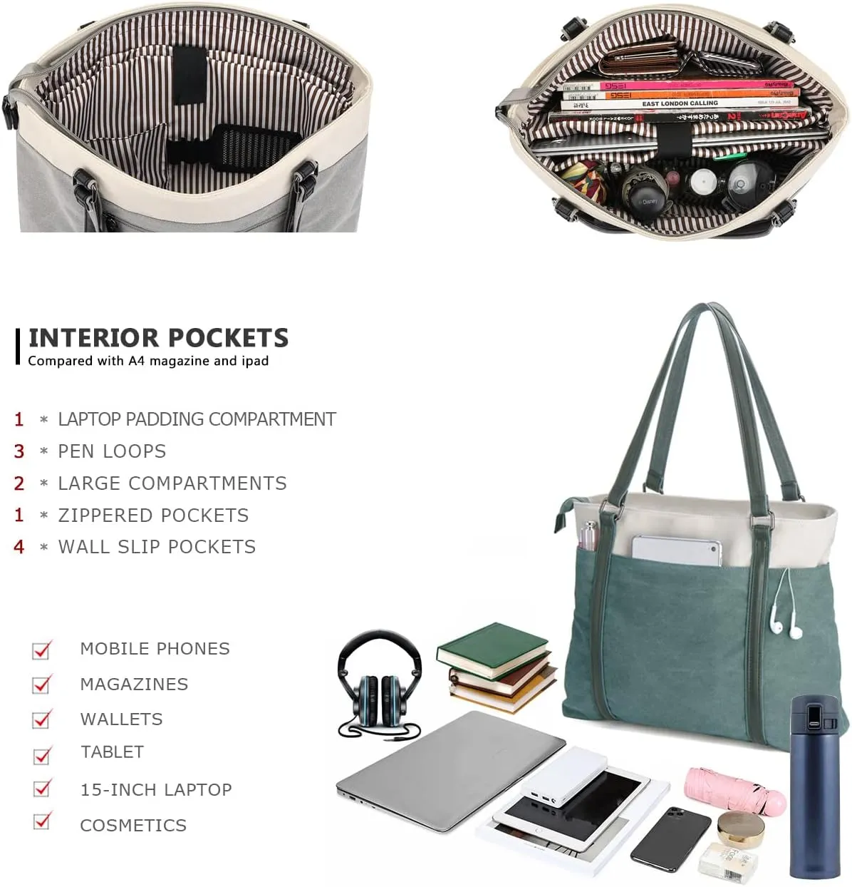 Women's Work Bag with Laptop Compartment Zipper Pockets Teacher Totes Purse