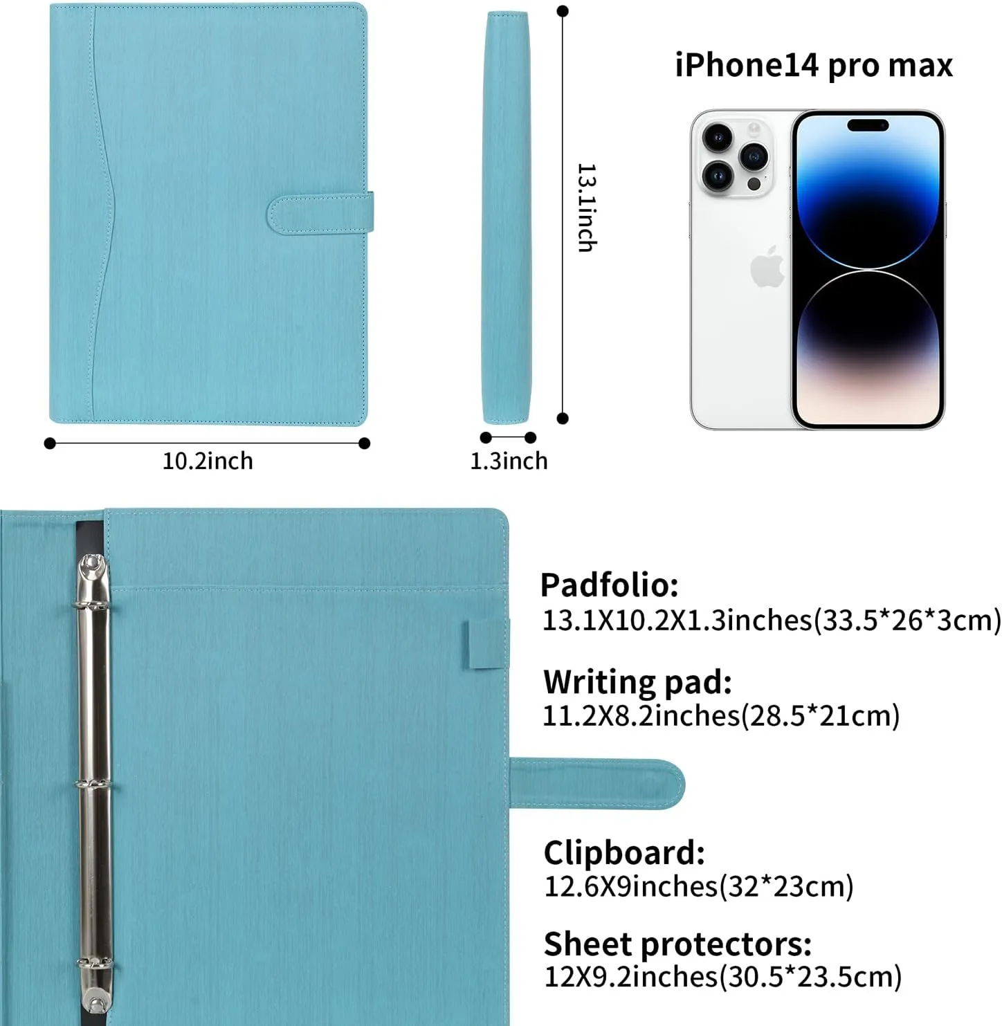 Wonderpool A4 PU Leather Portfolio Holder Ring File Document Case with Removable Binder Clipboard, Multi Pocket and Legal Pad for Business Organizer Interview and Meeting (Light Blue)