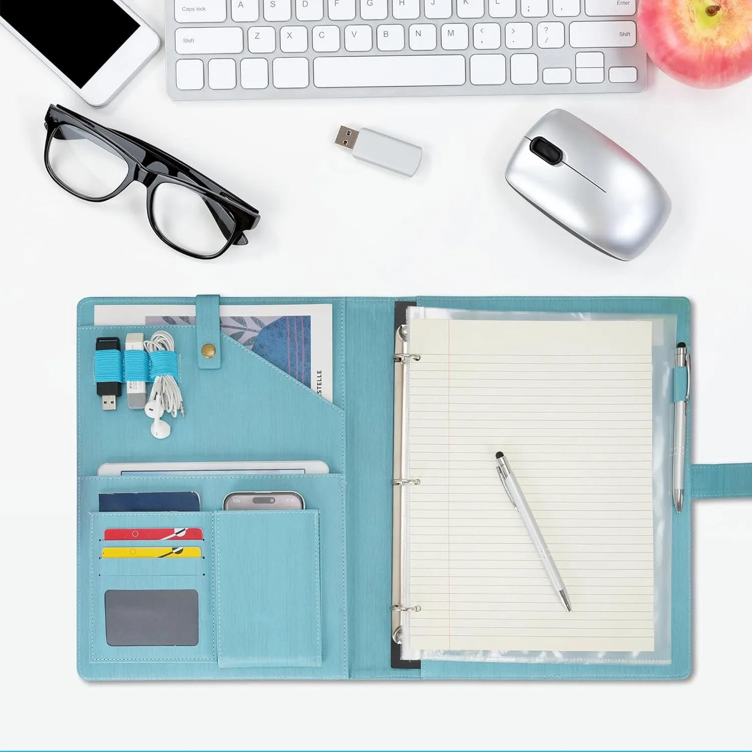 Wonderpool A4 PU Leather Portfolio Holder Ring File Document Case with Removable Binder Clipboard, Multi Pocket and Legal Pad for Business Organizer Interview and Meeting (Light Blue)
