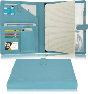Wonderpool A4 PU Leather Portfolio Holder Ring File Document Case with Removable Binder Clipboard, Multi Pocket and Legal Pad for Business Organizer Interview and Meeting (Light Blue)