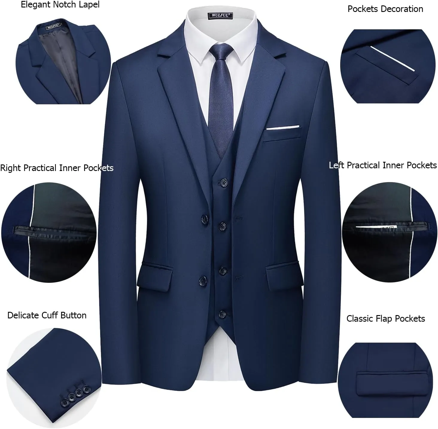 WULFUL Men's 3 Piece Slim Fit Suit Set Two Button Blazer Jacket Vest Pants Tuxedo Set for Party, Wedding and Business