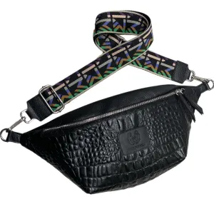 XL BLACK 3D-PRINT LEATHER BAG.SILVER METALS
