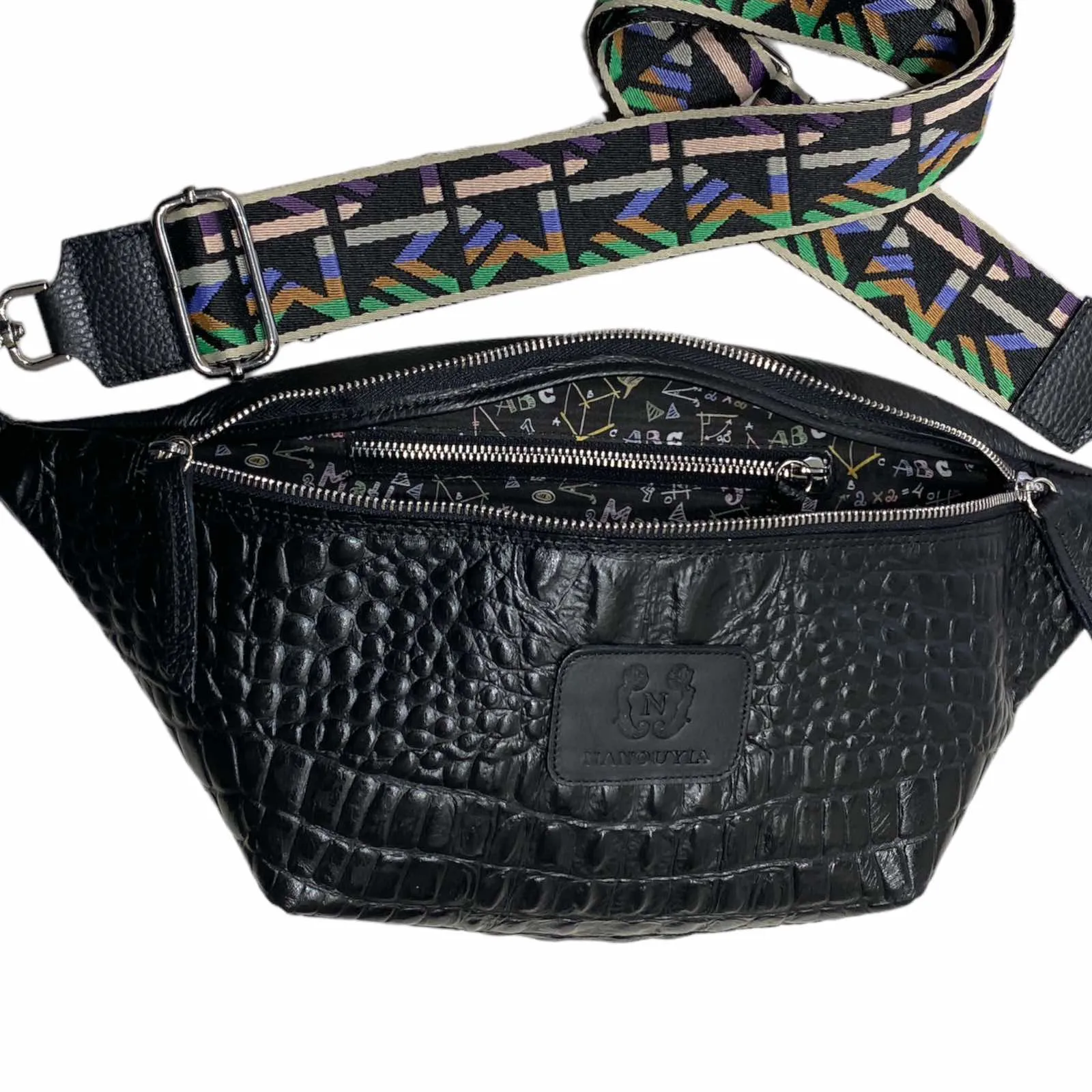 XL BLACK 3D-PRINT LEATHER BAG.SILVER METALS