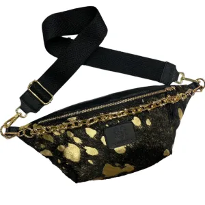 XL black and gold vintage calf-hair leather belt bag