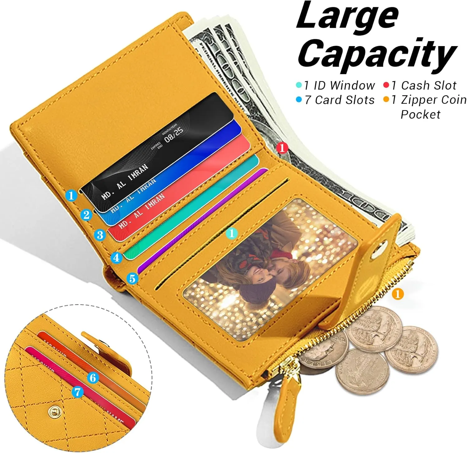 YINHEXI Women's RFID Protected Small Bifold Wallet, Yellow Faux Leather, Mini Short Purse for Girls & Ladies