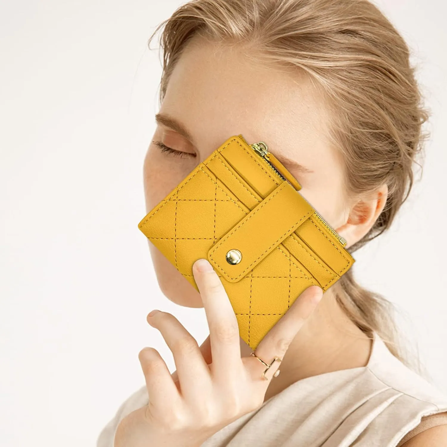 YINHEXI Women's RFID Protected Small Bifold Wallet, Yellow Faux Leather, Mini Short Purse for Girls & Ladies